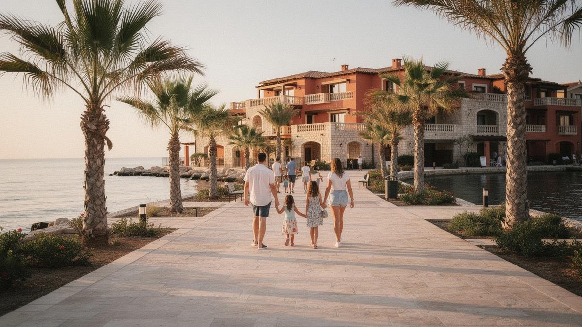 Family walking a resort promenade beside the sea in late afternoon light